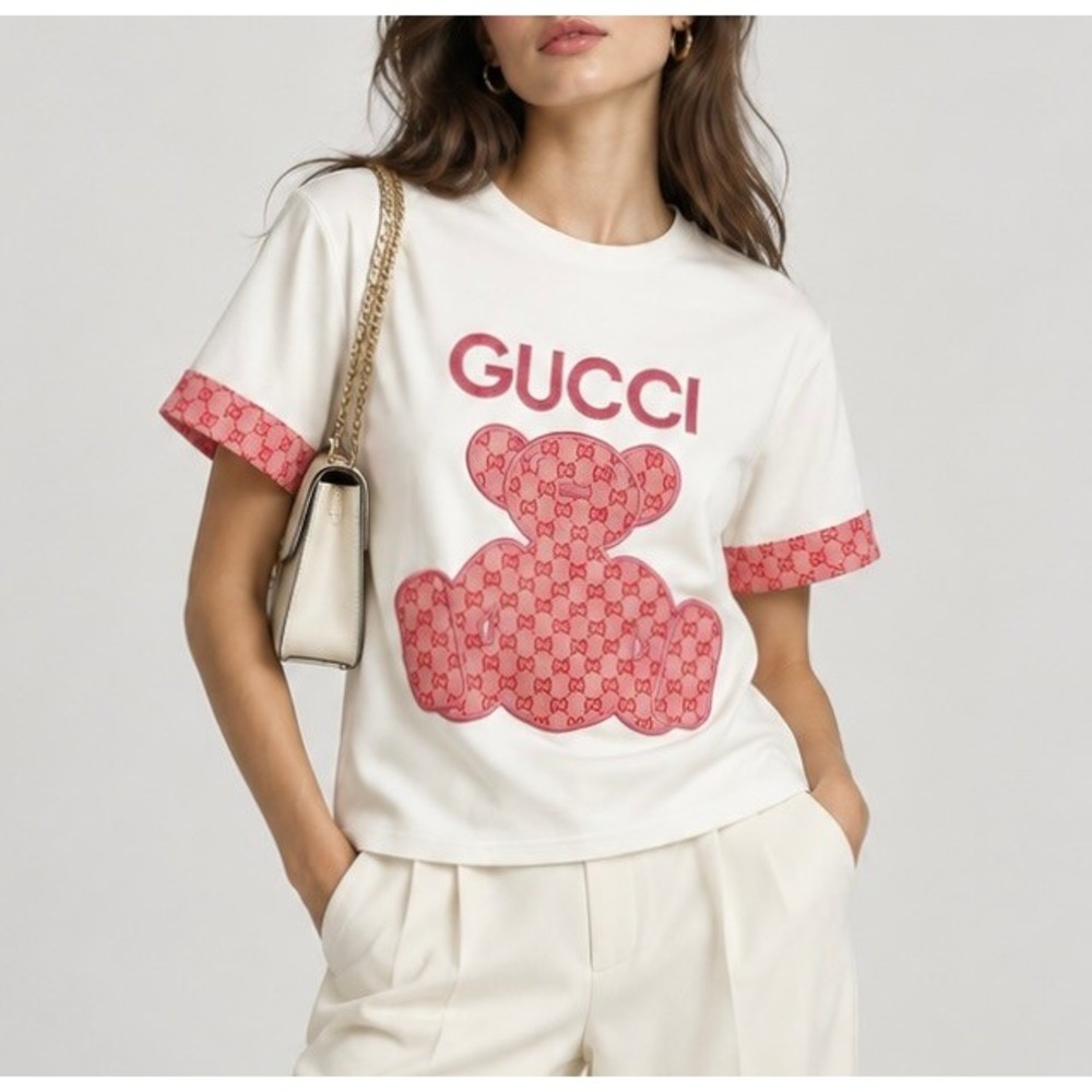 Gucci Alessandro Michele GG Teddy Bear T-Shirt S Small Pink Monogram Appliqué